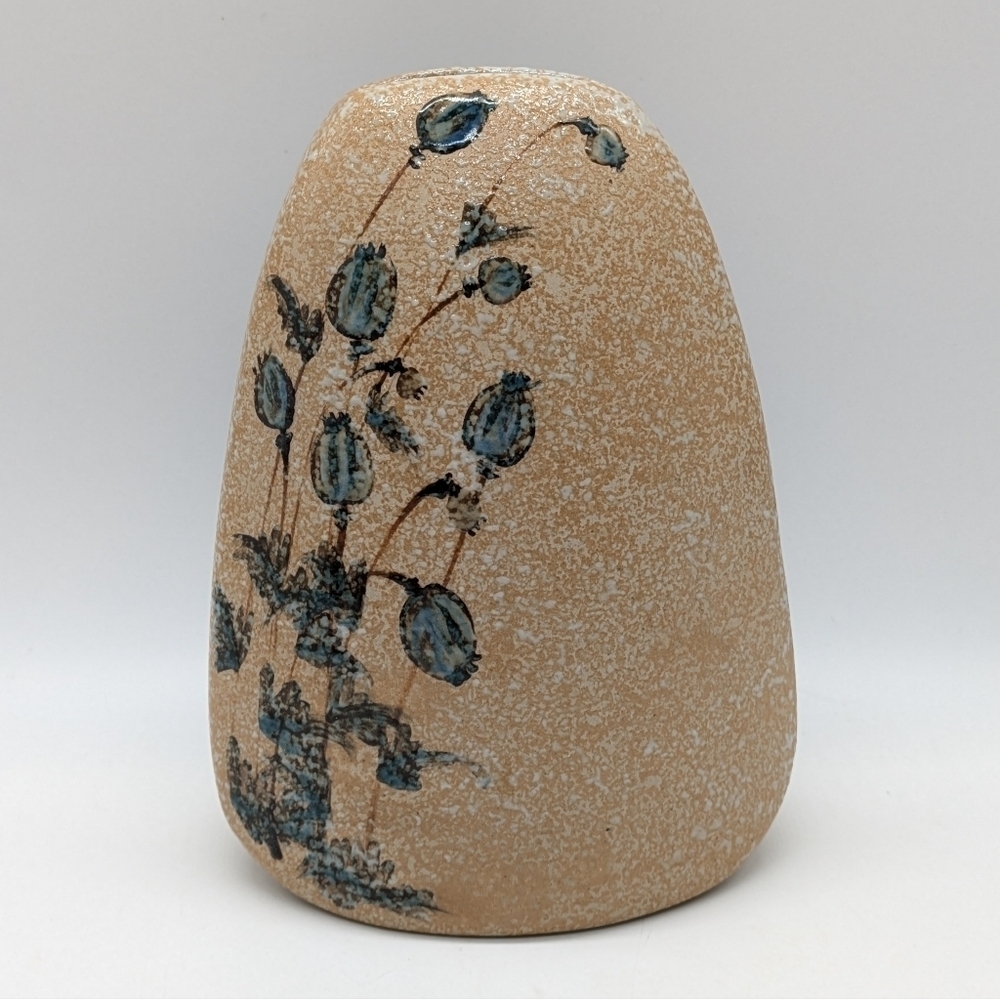 Handmade Punjiang Thailand Pottery Tan Blue Floral Ceramic Vase